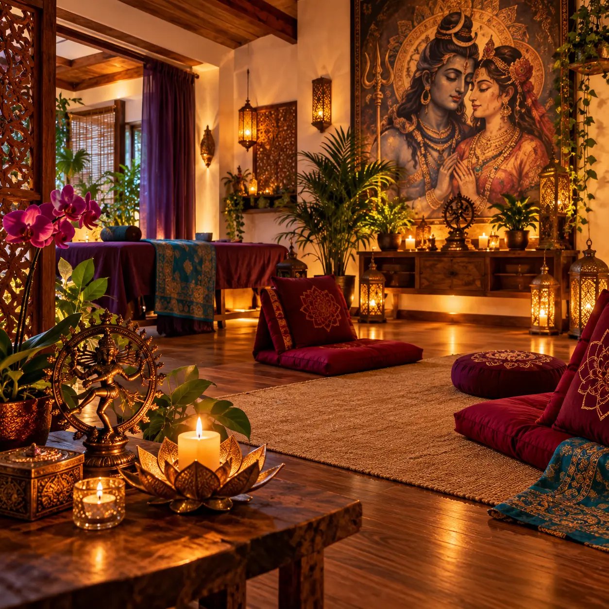 Ambiente da Tantra Lotus em São Paulo — espaço de terapias holísticas, Tantra e consciência corporal com Shiva & Shakti, velas e elementos naturais