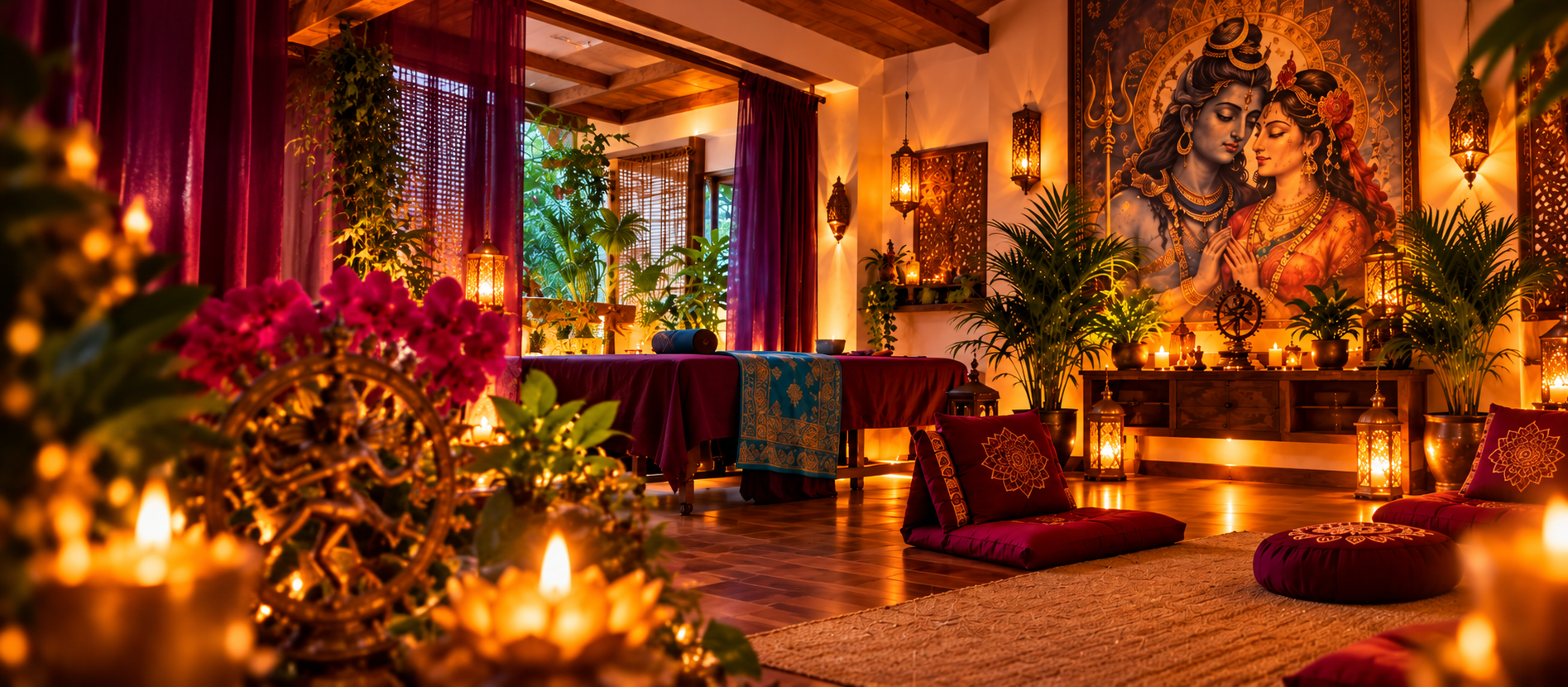 Ambiente tântrico contemporâneo com velas, madeira, tecidos, plantas, lanternas e arte de Shiva e Shakti