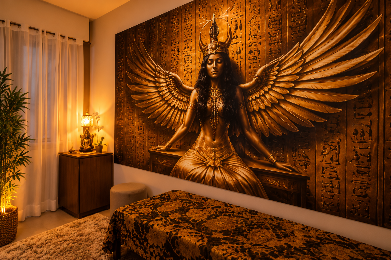 Sala do Tantra Lotus com arte de Ísis e asas