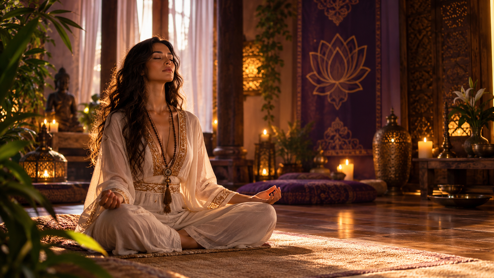 Praticante em meditação em ambiente preparado com velas, plantas e elementos indianos — referência visual da prática tântrica na Tantra Lotus em São Paulo