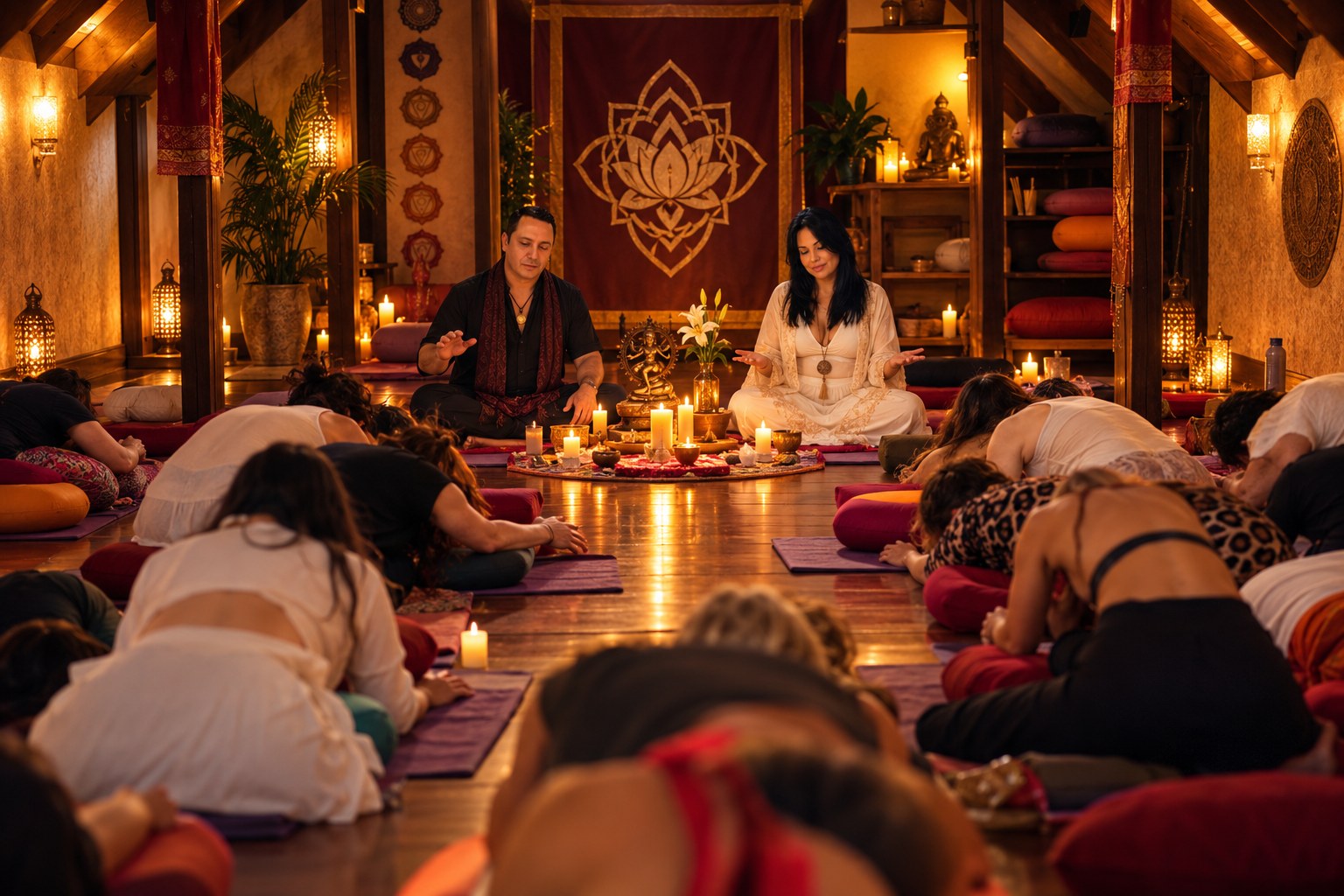 Vivência em grupo conduzida por Daniel Carletti e Nalini, facilitadores da Tantra Lotus, com participantes em meditação e presença